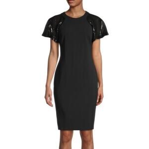 Calvin Klein Black Sequin Flutter Sleeve Midi Sheath Dress 14 NWT